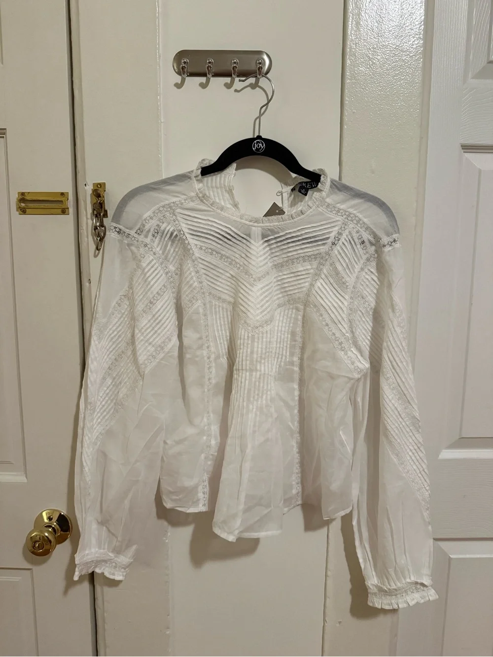 J. Crew White Pintuck Lace-Detail Long Sleeve Blouse